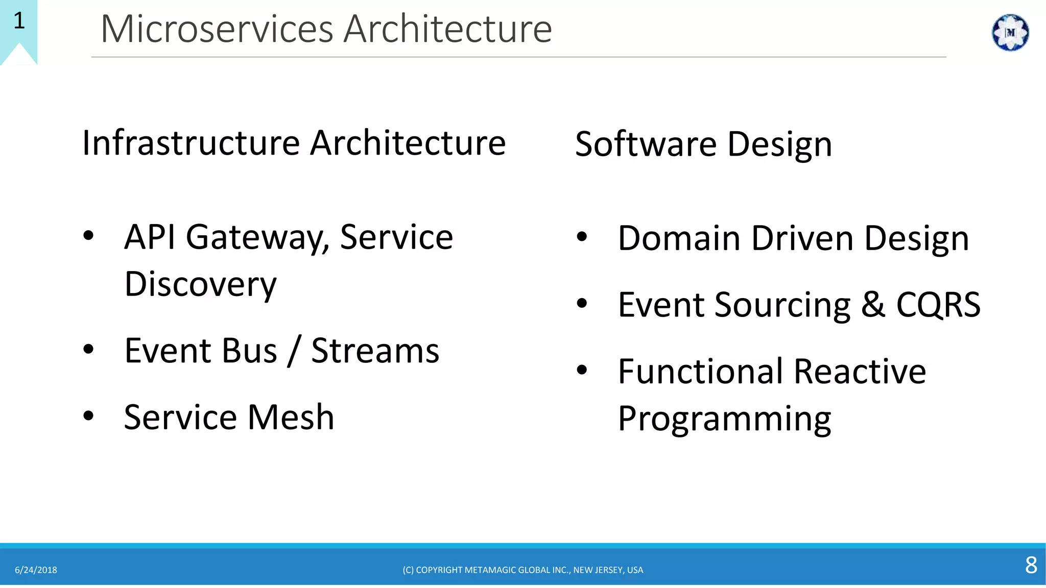 Microservices Architecture
6/24/2018 (C) COPYRIGHT METAMAGIC GLOBAL INC., NEW JERSEY, USA 8
1
Infrastructure Architecture
• API Gateway, Service
Discovery
• Event Bus / Streams
• Service Mesh
Software Design
• Domain Driven Design
• Event Sourcing & CQRS
• Functional Reactive
Programming
 