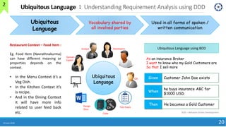 Ubiquitous Language : Understanding Requirement Analysis using DDD
24 June 2018 20
Ubiquitous
Language
Vocabulary shared by
all involved parties
Used in all forms of spoken /
written communication
Ubiquitous Language using BDD
As an insurance Broker
I want to know who my Gold Customers are
So that I sell more
Given Customer John Doe exists
When
he buys insurance ABC for
$1000 USD
Then He becomes a Gold Customer
BDD – Behavior Driven Development
Ubiquitous
Language
Domain
Expert
Analyst Developers
QA
Design
Docs
Test Cases
Code
Restaurant Context – Food Item :
Eg. Food Item (Navrathnakurma)
can have different meaning or
properties depends on the
context.
• In the Menu Context it’s a
Veg Dish.
• In the Kitchen Context it’s
is recipe.
• And in the Dining Context
it will have more info
related to user feed back
etc.
2
 