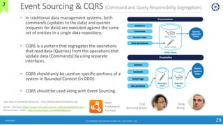Event Sourcing & CQRS (Command and Query Responsibility Segregation)
• In traditional data management systems, both
commands (updates to the data) and queries
(requests for data) are executed against the same
set of entities in a single data repository.
• CQRS is a pattern that segregates the operations
that read data (Queries) from the operations that
update data (Commands) by using separate
interfaces.
• CQRS should only be used on specific portions of a
system in Bounded Context (in DDD).
• CQRS should be used along with Event Sourcing.
6/24/2018
(C)COPYRIGHTMETAMAGICGLOBALINC.,NEWJERSEY,USA
29
MSDN – Microsoft https://msdn.microsoft.com/en-us/library/dn568103.aspx |
Martin Fowler : CQRS – http://martinfowler.com/bliki/CQRS.html
CQS :
Bertrand Meyer
Axon
Framework
For Java
Java Axon Framework Resource : http://www.axonframework.org
Greg
Young
(C) COPYRIGHT METAMAGIC GLOBAL INC., NEW JERSEY, USA
2
 