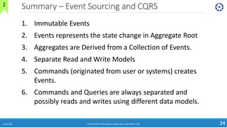 Summary – Event Sourcing and CQRS
6/24/2018 (C) COPYRIGHT METAMAGIC GLOBAL INC., NEW JERSEY, USA 34
2
1. Immutable Events
2. Events represents the state change in Aggregate Root
3. Aggregates are Derived from a Collection of Events.
4. Separate Read and Write Models
5. Commands (originated from user or systems) creates
Events.
6. Commands and Queries are always separated and
possibly reads and writes using different data models.
 