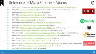References – Micro Services – Videos
41. Martin Fowler – Micro Services : https://www.youtube.com/watch?v=2yko4TbC8cI&feature=youtu.be&t=15m53s
42. GOTO 2016 – Microservices at NetFlix Scale: Principles, Tradeoffs & Lessons Learned. By R Meshenberg
43. Mastering Chaos – A NetFlix Guide to Microservices. By Josh Evans
44. GOTO 2015 – Challenges Implementing Micro Services By Fred George
45. GOTO 2016 – From Monolith to Microservices at Zalando. By Rodrigue Scaefer
46. GOTO 2015 – Microservices @ Spotify. By Kevin Goldsmith
47. Modelling Microservices @ Spotify : https://www.youtube.com/watch?v=7XDA044tl8k
48. GOTO 2015 – DDD & Microservices: At last, Some Boundaries By Eric Evans
49. GOTO 2016 – What I wish I had known before Scaling Uber to 1000 Services. By Matt Ranney
50. DDD Europe – Tackling Complexity in the Heart of Software By Eric Evans, April 11, 2016
51. AWS re:Invent 2016 – From Monolithic to Microservices: Evolving Architecture Patterns. By Emerson L, Gilt D. Chiles
52. AWS 2017 – An overview of designing Microservices based Applications on AWS. By Peter Dalbhanjan
53. GOTO Jun, 2017 – Effective Microservices in a Data Centric World. By Randy Shoup.
54. GOTO July, 2017 – The Seven (more) Deadly Sins of Microservices. By Daniel Bryant
55. Sept, 2017 – Airbnb, From Monolith to Microservices: How to scale your Architecture. By Melanie Cubula
56. GOTO Sept, 2017 – Rethinking Microservices with Stateful Streams. By Ben Stopford.
57. GOTO 2017 – Microservices without Servers. By Glynn Bird.
6/24/2018 63
4
 