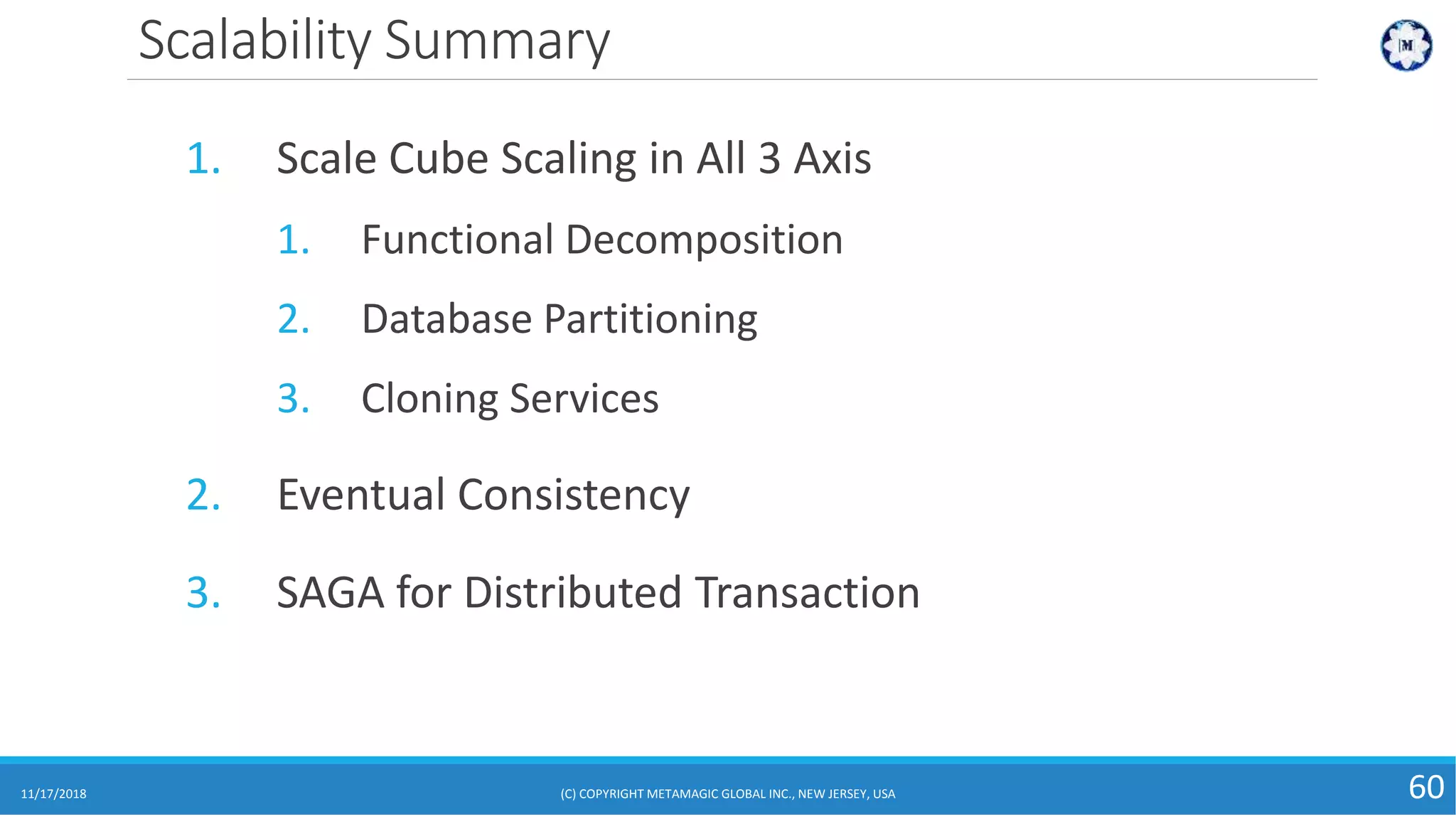 Scalability Summary
11/17/2018 60
1. Scale Cube Scaling in All 3 Axis
1. Functional Decomposition
2. Database Partitioning
3. Cloning Services
2. Eventual Consistency
3. SAGA for Distributed Transaction
(C) COPYRIGHT METAMAGIC GLOBAL INC., NEW JERSEY, USA
 
