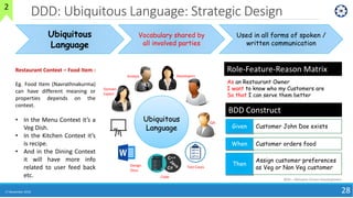 17 November 2018 28
Ubiquitous
Language
Vocabulary shared by
all involved parties
Used in all forms of spoken /
written communication
Ubiquitous
Language
Domain
Expert
Analyst Developers
QA
Design
Docs
Test Cases
Code
Restaurant Context – Food Item :
Eg. Food Item (Navrathnakurma)
can have different meaning or
properties depends on the
context.
• In the Menu Context it’s a
Veg Dish.
• In the Kitchen Context it’s
is recipe.
• And in the Dining Context
it will have more info
related to user feed back
etc.
2
DDD: Ubiquitous Language: Strategic Design
As an Restaurant Owner
I want to know who my Customers are
So that I can serve them better
Role-Feature-Reason Matrix
BDD – Behavior Driven Development
Given Customer John Doe exists
When Customer orders food
Then
Assign customer preferences
as Veg or Non Veg customer
BDD Construct
 