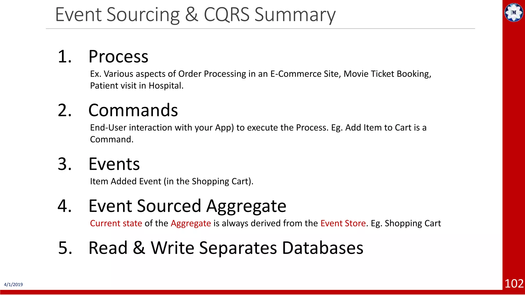 Event Sourcing & CQRS Summary 4/1/2019 102 1. Process Ex. Various aspects of Order Processing in an E-Commerce Site, Movie Ticket Booking, Patient visit in Hospital. 2. Commands End-User interaction with your App) to execute the Process. Eg. Add Item to Cart is a Command. 3. Events Item Added Event (in the Shopping Cart). 4. Event Sourced Aggregate Current state of the Aggregate is always derived from the Event Store. Eg. Shopping Cart 5. Read & Write Separates Databases 
