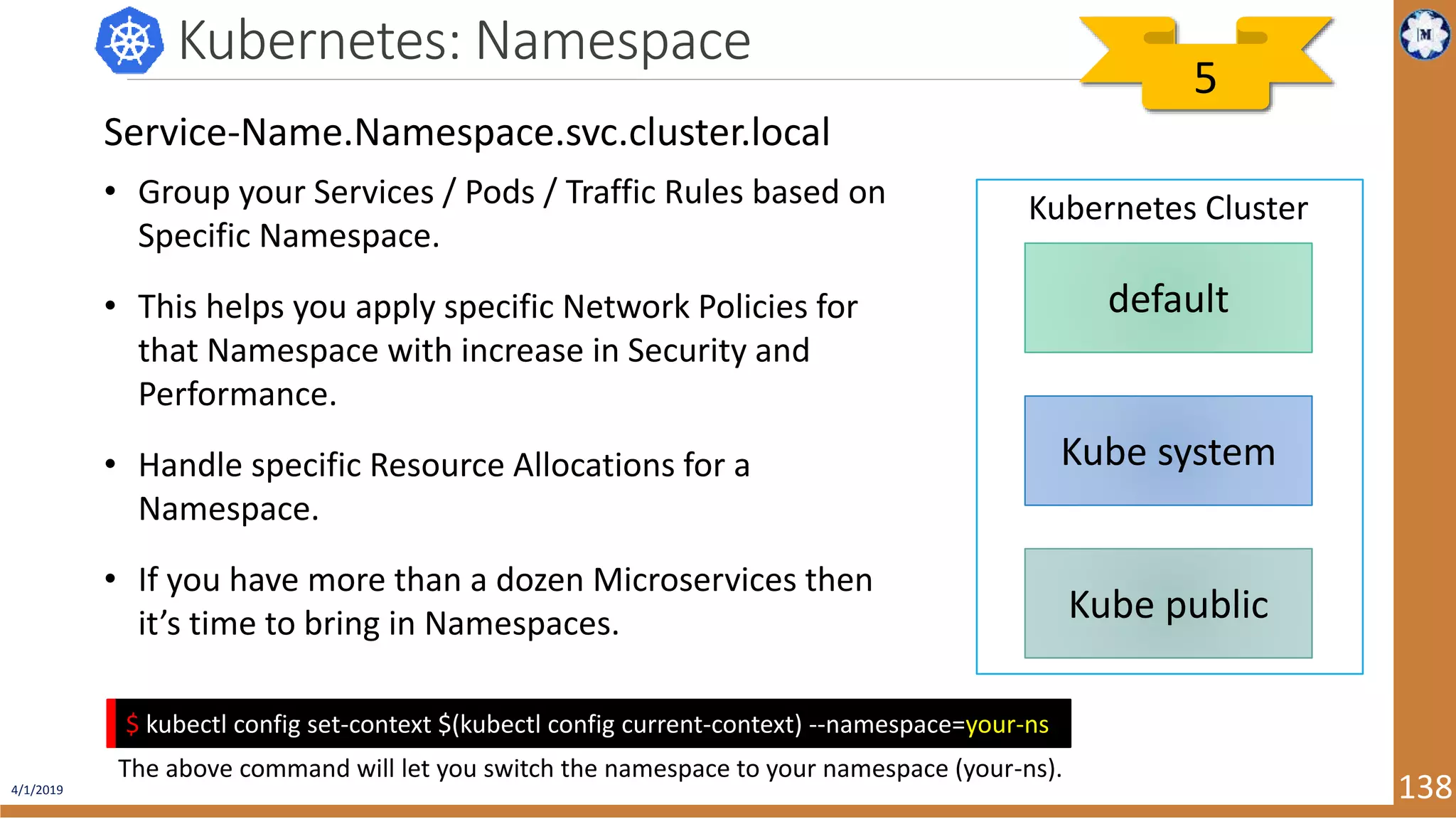4/1/2019 138 Kubernetes: Namespace default Kube system Kube public Kubernetes Cluster• Group your Services / Pods / Traffic Rules based on Specific Namespace. • This helps you apply specific Network Policies for that Namespace with increase in Security and Performance. • Handle specific Resource Allocations for a Namespace. • If you have more than a dozen Microservices then it’s time to bring in Namespaces. Service-Name.Namespace.svc.cluster.local $ kubectl config set-context $(kubectl config current-context) --namespace=your-ns The above command will let you switch the namespace to your namespace (your-ns). 5 