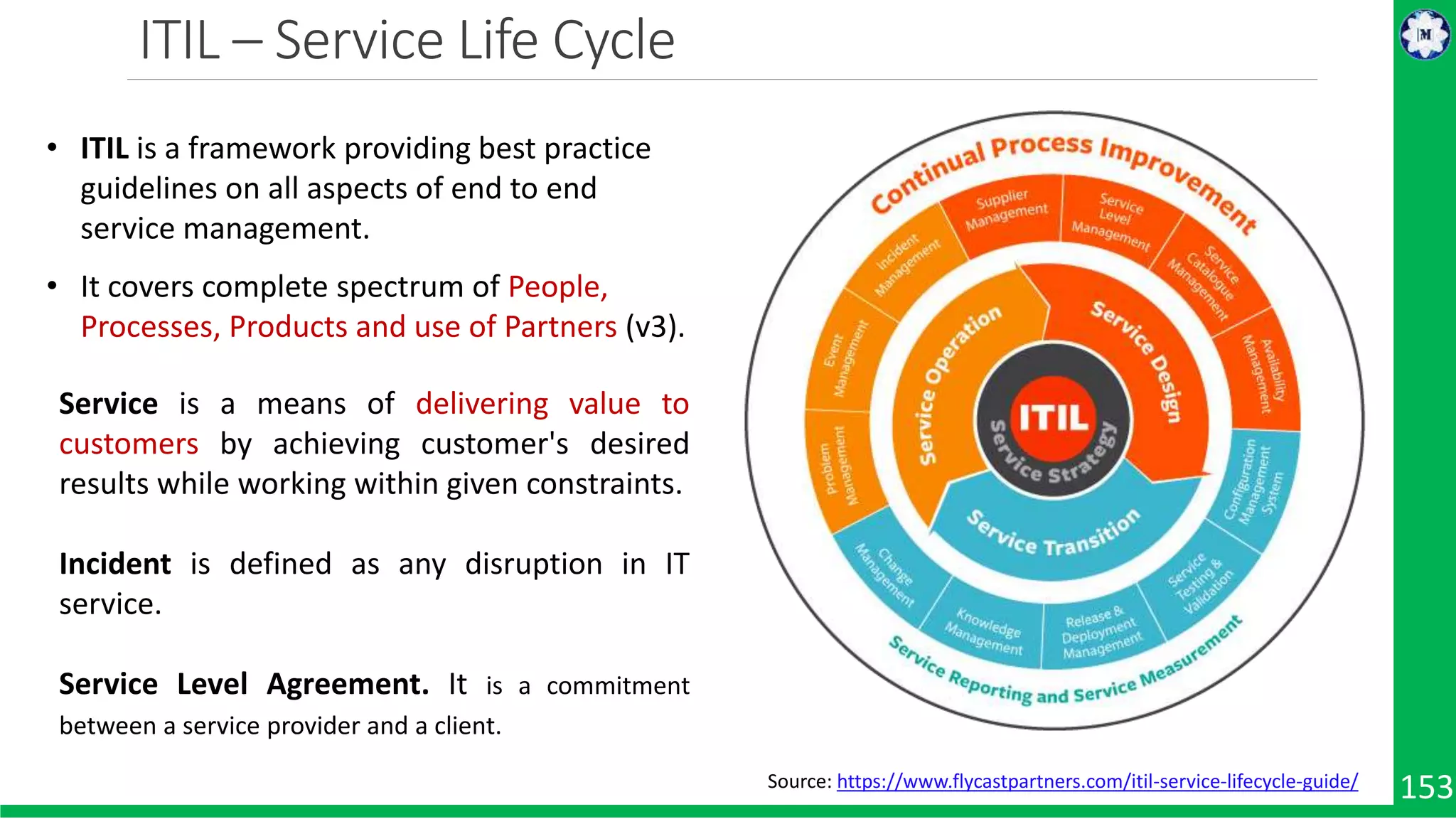 ITIL – Service Life Cycle 153Source: https://www.flycastpartners.com/itil-service-lifecycle-guide/ • ITIL is a framework providing best practice guidelines on all aspects of end to end service management. • It covers complete spectrum of People, Processes, Products and use of Partners (v3). Service is a means of delivering value to customers by achieving customer's desired results while working within given constraints. Incident is defined as any disruption in IT service. Service Level Agreement. It is a commitment between a service provider and a client. 