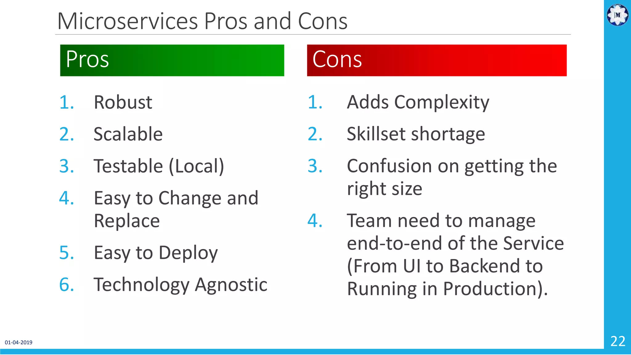 Pros 1. Adds Complexity 2. Skillset shortage 3. Confusion on getting the right size 4. Team need to manage end-to-end of the Service (From UI to Backend to Running in Production). 01-04-2019 22 1. Robust 2. Scalable 3. Testable (Local) 4. Easy to Change and Replace 5. Easy to Deploy 6. Technology Agnostic Cons Microservices Pros and Cons 