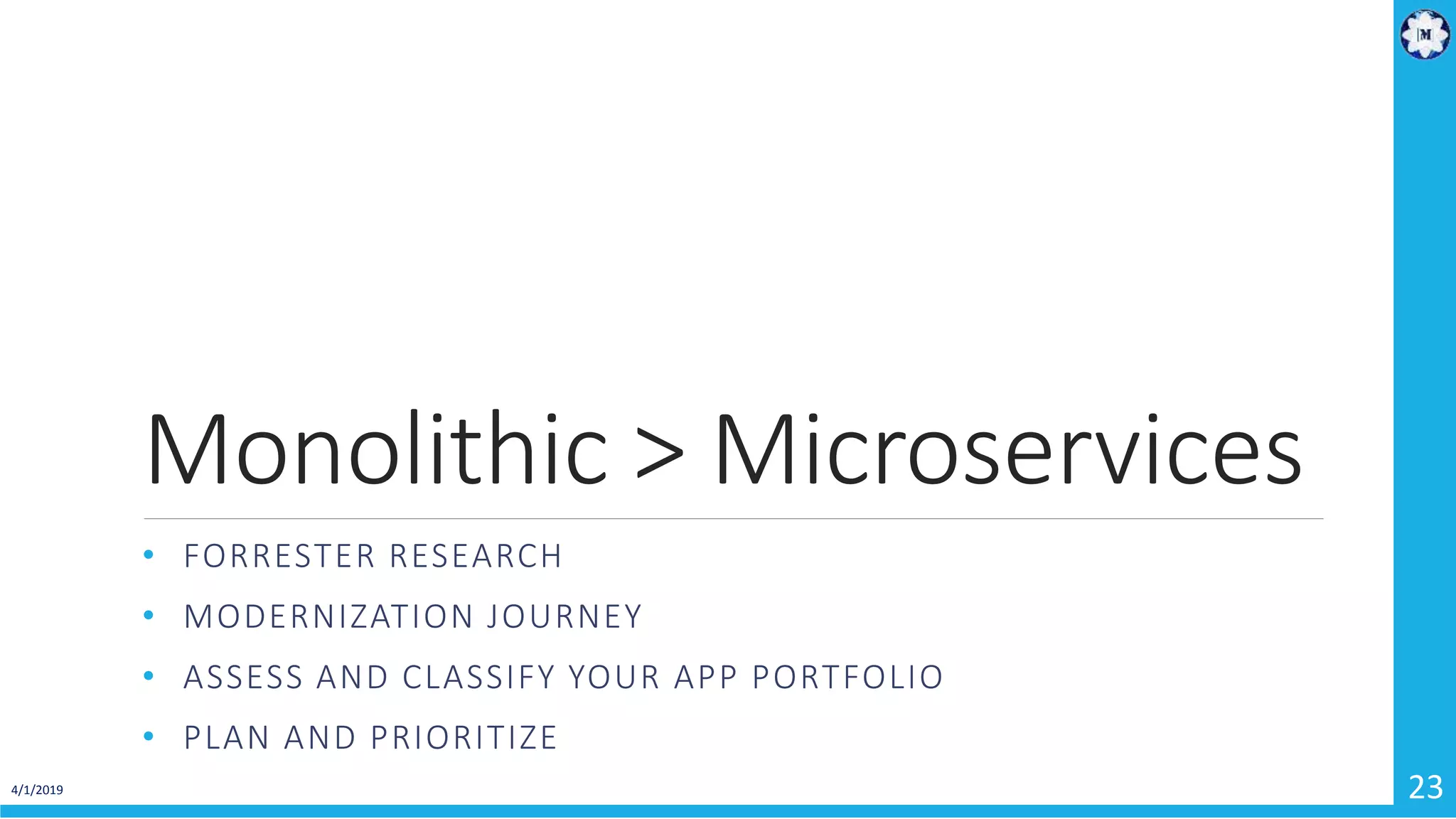 Monolithic > Microservices • FORRESTER RESEARCH • MODERNIZATION JOURNEY • ASSESS AND CLASSIFY YOUR APP PORTFOLIO • PLAN AND PRIORITIZE 4/1/2019 23 