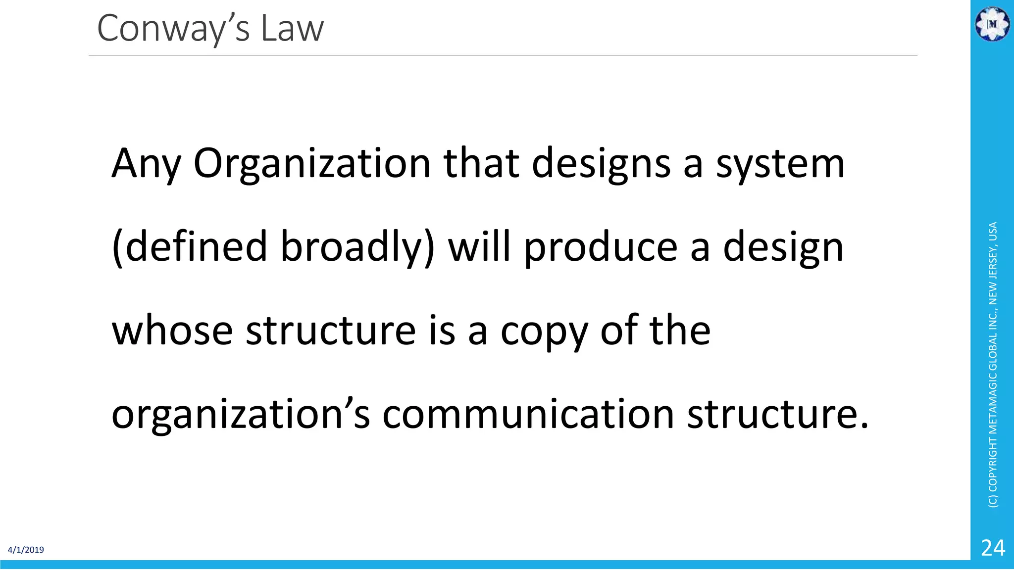 Conway’s Law 4/1/2019 (C)COPYRIGHTMETAMAGICGLOBALINC.,NEWJERSEY,USA 24 Any Organization that designs a system (defined broadly) will produce a design whose structure is a copy of the organization’s communication structure. 