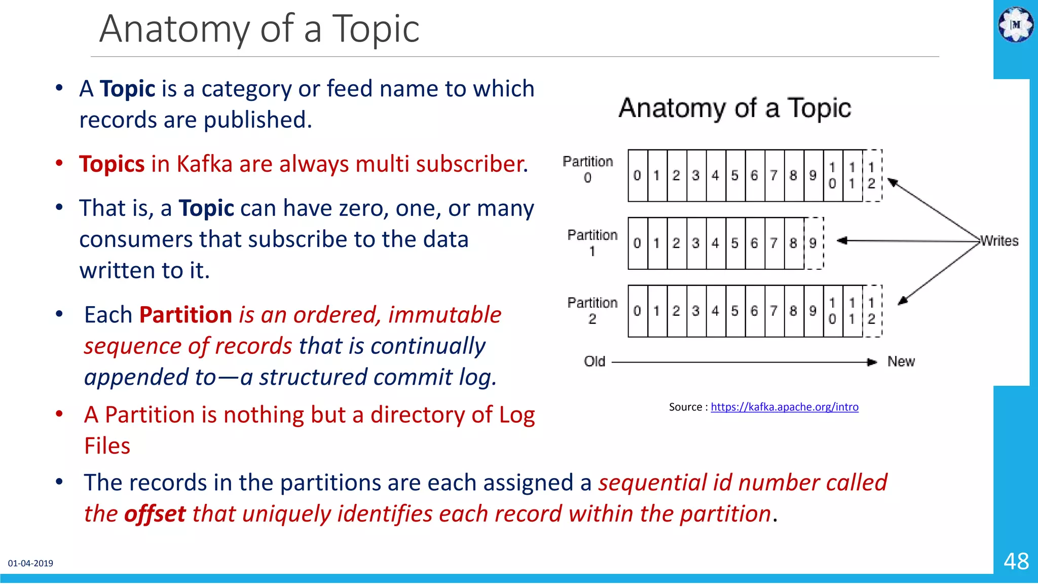 Anatomy of a Topic 01-04-2019 48 Source : https://kafka.apache.org/intro • A Topic is a category or feed name to which records are published. • Topics in Kafka are always multi subscriber. • That is, a Topic can have zero, one, or many consumers that subscribe to the data written to it. • Each Partition is an ordered, immutable sequence of records that is continually appended to—a structured commit log. • A Partition is nothing but a directory of Log Files • The records in the partitions are each assigned a sequential id number called the offset that uniquely identifies each record within the partition. 