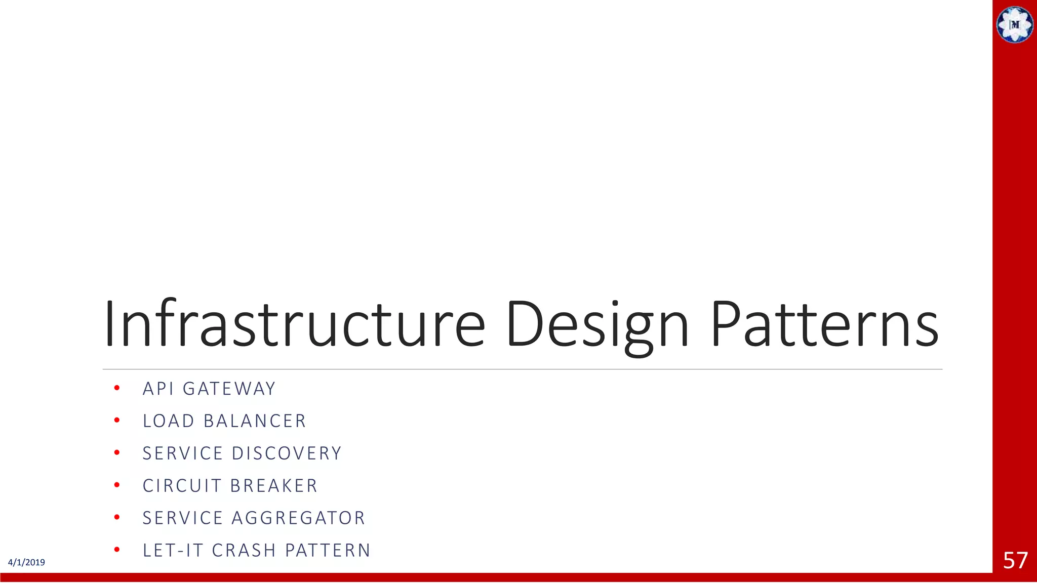 4/1/2019 57 Infrastructure Design Patterns • API GATEWAY • LOAD BALANCER • SERVICE DISCOVERY • CIRCUIT BREAKER • SERVICE AGGREGATOR • LET-IT CRASH PATTERN 