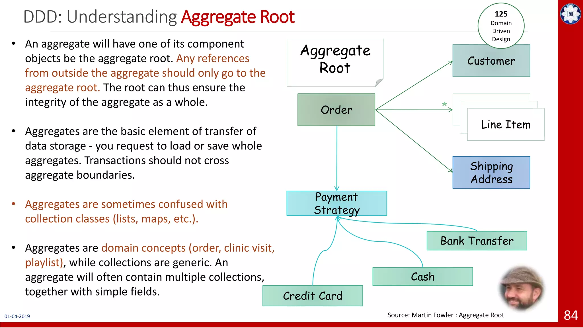 DDD: Understanding Aggregate Root 84 Order Customer Shipping Address Aggregate Root Line Item Line Item Line Item * Payment Strategy Credit Card Cash Bank Transfer Source: Martin Fowler : Aggregate Root • An aggregate will have one of its component objects be the aggregate root. Any references from outside the aggregate should only go to the aggregate root. The root can thus ensure the integrity of the aggregate as a whole. • Aggregates are the basic element of transfer of data storage - you request to load or save whole aggregates. Transactions should not cross aggregate boundaries. • Aggregates are sometimes confused with collection classes (lists, maps, etc.). • Aggregates are domain concepts (order, clinic visit, playlist), while collections are generic. An aggregate will often contain multiple collections, together with simple fields. 125 Domain Driven Design (C) COPYRIGHT METAMAGIC GLOBAL INC., NEW JERSEY, USA01-04-2019 