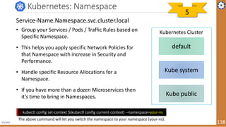 4/1/2019 138
Kubernetes: Namespace
default
Kube system
Kube public
Kubernetes Cluster• Group your Services / Pods / Traffic Rules based on
Specific Namespace.
• This helps you apply specific Network Policies for
that Namespace with increase in Security and
Performance.
• Handle specific Resource Allocations for a
Namespace.
• If you have more than a dozen Microservices then
it’s time to bring in Namespaces.
Service-Name.Namespace.svc.cluster.local
$ kubectl config set-context $(kubectl config current-context) --namespace=your-ns
The above command will let you switch the namespace to your namespace (your-ns).
5
 