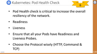 4/1/2019 139
Kubernetes: Pod Health Check
• Pod Health check is critical to increase the overall
resiliency of the network.
• Readiness
• Liveness
• Ensure that all your Pods have Readiness and
Liveness Probes.
• Choose the Protocol wisely (HTTP, Command &
TCP)
6
 