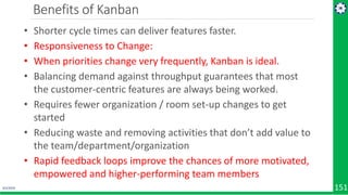 4/1/2019 151
Benefits of Kanban
• Shorter cycle times can deliver features faster.
• Responsiveness to Change:
• When priorities change very frequently, Kanban is ideal.
• Balancing demand against throughput guarantees that most
the customer-centric features are always being worked.
• Requires fewer organization / room set-up changes to get
started
• Reducing waste and removing activities that don’t add value to
the team/department/organization
• Rapid feedback loops improve the chances of more motivated,
empowered and higher-performing team members
 