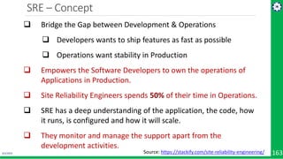 SRE – Concept
4/1/2019 163
 Bridge the Gap between Development & Operations
 Developers wants to ship features as fast as possible
 Operations want stability in Production
 Empowers the Software Developers to own the operations of
Applications in Production.
 Site Reliability Engineers spends 50% of their time in Operations.
 SRE has a deep understanding of the application, the code, how
it runs, is configured and how it will scale.
 They monitor and manage the support apart from the
development activities.
Source: https://stackify.com/site-reliability-engineering/
 