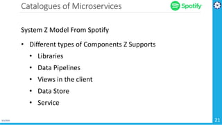 Catalogues of Microservices
4/1/2019 21
System Z Model From Spotify
• Different types of Components Z Supports
• Libraries
• Data Pipelines
• Views in the client
• Data Store
• Service
 