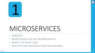 MICROSERVICES
• CONCEPTS
• WHEN SHOULD YOU USE MICROSERVICES?
• WHAT’S THE RIGHT SIZE?
• ARCHITECTURE (INFRATRUCTURE AND SOFTWRE)
4/1/2019 3
1
 