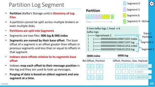 01-04-2019 49
Partition Log Segment
• Partition (Kafka’s Storage unit) is Directory of Log
Files.
• A partition cannot be split across multiple brokers or
even multiple disks
• Partitions are split into Segments
• Segments are two files: 000.log & 000.index
• Segments are named by their base offset. The base
offset of a segment is an offset greater than offsets in
previous segments and less than or equal to offsets in
that segment.
• Indexes store offsets relative to its segments base
offset
• Indexes map each offset to their message position in
the log and they are used to look up messages.
• Purging of data is based on oldest segment and one
segment at a time.
0 1 2 3 4 5 6 7 8 9
Partition
Data
6
3
0 Segment 0
Segment 3
Segment 6
9 Segment 9 - Active
$ tree kafka-logs | head -n 6
kafka-logs
|──── SigmaHawk-2
| |──── 00000000006109871597.index
| |──── 00000000006109871597.log
| |──── 00000000007306321253.index
| |──── 00000000007306321253.log
Topic /
Partition
Segment 1
Segment 2
Rel.Offset, Position Offset, Position, Size, Payload
0000.index 0000.log
0 0 0 0 7 ABCDEFG
1 7 1 7 4 ABCD
2 11 2 11 9 ABCDEFGIJ
4 Bytes 4 Bytes
 