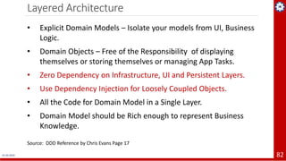 Layered Architecture
01-04-2019 82
• Explicit Domain Models – Isolate your models from UI, Business
Logic.
• Domain Objects – Free of the Responsibility of displaying
themselves or storing themselves or managing App Tasks.
• Zero Dependency on Infrastructure, UI and Persistent Layers.
• Use Dependency Injection for Loosely Coupled Objects.
• All the Code for Domain Model in a Single Layer.
• Domain Model should be Rich enough to represent Business
Knowledge.
Source: DDD Reference by Chris Evans Page 17
 