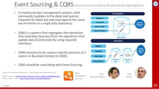 Event Sourcing & CQRS (Command and Query Responsibility Segregation)
• In traditional data management systems, both
commands (updates to the data) and queries
(requests for data) are executed against the same
set of entities in a single data repository.
• CQRS is a pattern that segregates the operations
that read data (Queries) from the operations that
update data (Commands) by using separate
interfaces.
• CQRS should only be used on specific portions of a
system in Bounded Context (in DDD).
• CQRS should be used along with Event Sourcing.
4/1/2019 97
MSDN – Microsoft https://msdn.microsoft.com/en-us/library/dn568103.aspx |
Martin Fowler : CQRS – http://martinfowler.com/bliki/CQRS.html
CQS :
Bertrand Meyer
Axon
Framework
For Java
Java Axon Framework Resource : http://www.axonframework.org
Greg
Young
(C) COPYRIGHT METAMAGIC GLOBAL INC., NEW JERSEY, USA
 