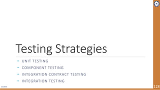 4/1/2019 128
Testing Strategies
• UNIT TESTING
• COMPONENT TESTING
• INTEGRATION CONTRACT TESTING
• INTEGRATION TESTING
 