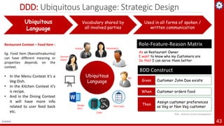 2/19/2019 43
Ubiquitous
Language
Vocabulary shared by
all involved parties
Used in all forms of spoken /
written communication
Ubiquitous
Language
Domain
Expert
Analyst Developers
QA
Design
Docs
Test Cases
Code
Restaurant Context – Food Item :
Eg. Food Item (Navrathnakurma)
can have different meaning or
properties depends on the
context.
• In the Menu Context it’s a
Veg Dish.
• In the Kitchen Context it’s
is recipe.
• And in the Dining Context
it will have more info
related to user feed back
etc.
DDD: Ubiquitous Language: Strategic Design
As an Restaurant Owner
I want to know who my Customers are
So that I can serve them better
Role-Feature-Reason Matrix
BDD – Behavior Driven Development
Given Customer John Doe exists
When Customer orders food
Then
Assign customer preferences
as Veg or Non Veg customer
BDD Construct
 