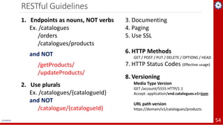 2/19/2019 54
RESTful Guidelines
1. Endpoints as nouns, NOT verbs
Ex. /catalogues
/orders
/catalogues/products
and NOT
/getProducts/
/updateProducts/
2. Use plurals
Ex. /catalogues/{catalogueId}
and NOT
/catalogue/{catalogueId}
3. Documenting
4. Paging
5. Use SSL
6. HTTP Methods
GET / POST / PUT / DELETE / OPTIONS / HEAD
7. HTTP Status Codes (Effective usage)
8. Versioning
Media Type Version
GET /account/5555 HTTP/1.1
Accept: application/vnd.catalogues.v1+json
URL path version
https://domain/v1/catalogues/products
 