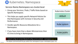 2/19/2019 67
Kubernetes: Namespace
default
Kube system
Kube public
Kubernetes Cluster• Group your Services / Pods / Traffic Rules based on
Specific Namespace.
• This helps you apply specific Network Policies for
that Namespace with increase in Security and
Performance.
• Handle specific Resource Allocations for a
Namespace.
• If you have more than a dozen Microservices then
it’s time to bring in Namespaces.
Service-Name.Namespace.svc.cluster.local
$ kubectl config set-context $(kubectl config current-context) --namespace=your-ns
The above command will let you switch the namespace to your namespace (your-ns).
5
 