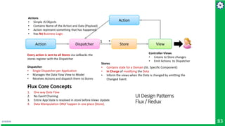 2/19/2019 83
UI Design Patterns
Flux / Redux
ViewDispatcher
Every action is sent to all Stores via callbacks the
stores register with the Dispatcher
Store
Action
Action
1 *
Controller-Views
• Listens to Store changes
• Emit Actions to Dispatcher
Dispatcher
• Single Dispatcher per Application
• Manages the Data Flow View to Model
• Receives Actions and dispatch them to Stores
Stores
• Contains state for a Domain (Vs. Specific Component)
• In Charge of modifying the Data
• Inform the views when the Data is changed by emitting the
Changed Event.
Flux Core Concepts
1. One way Data Flow
2. No Event Chaining
3. Entire App State is resolved in store before Views Update
4. Data Manipulation ONLY happen in one place (Store).
Actions
• Simple JS Objects
• Contains Name of the Action and Data (Payload)
• Action represent something that has happened.
• Has No Business Logic
 