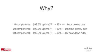 Why?
99.5% uptime( )1010 components: ≈ 95% — 1 hour down / day
99.5% uptime( )2020 components: ≈ 90% — 2.5 hour down / day
99.5% uptime( )3030 components: ≈ 86% — 3+ hour down / day
 