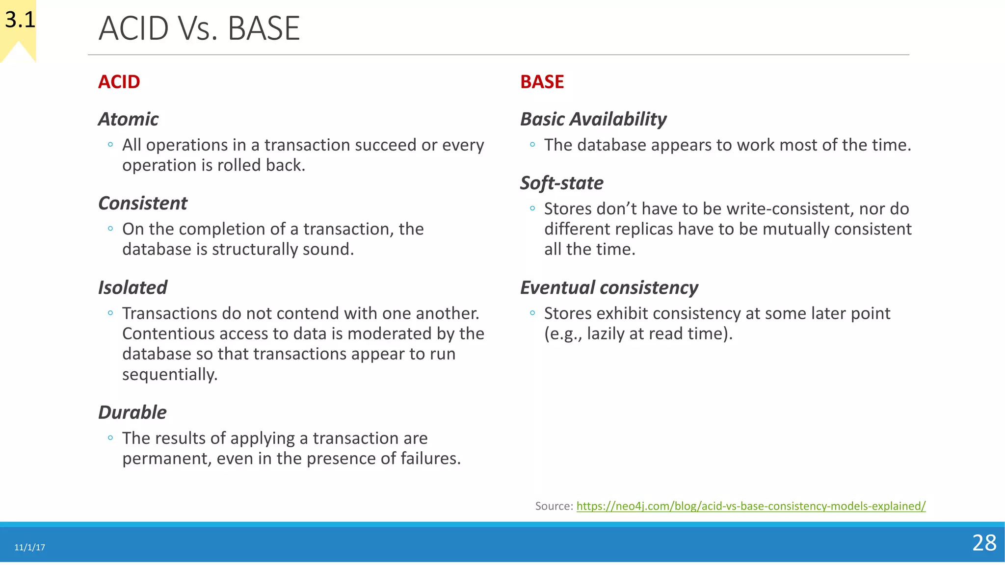 ACID	Vs.	BASE
ACID
Atomic
◦ All	operations	in	a	transaction	succeed	or	every	
operation	is	rolled	back.
Consistent
◦ On	the	completion	of	a	transaction,	the	
database	is	structurally	sound.
Isolated
◦ Transactions	do	not	contend	with	one	another.	
Contentious	access	to	data	is	moderated	by	the	
database	so	that	transactions	appear	to	run	
sequentially.
Durable
◦ The	results	of	applying	a	transaction	are	
permanent,	even	in	the	presence	of	failures.
BASE
Basic	Availability
◦ The	database	appears	to	work	most	of	the	time.
Soft-state
◦ Stores	don’t	have	to	be	write-consistent,	nor	do	
different	replicas	have	to	be	mutually	consistent	
all	the	time.
Eventual	consistency
◦ Stores	exhibit	consistency	at	some	later	point	
(e.g.,	lazily	at	read	time).
11/1/17 28
Source:	https://neo4j.com/blog/acid-vs-base-consistency-models-explained/
3.1
 