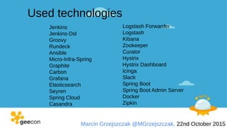 Marcin Grzejszczak @MGrzejszczak, 22nd October 2015
Used technologies
Jenkins
Jenkins-Dsl
Groovy
Rundeck
Ansible
Micro-Infra-Spring
Graphite
Carbon
Grafana
Elasticsearch
Seyren
Spring Cloud
Casandra
Logstash Forwarder
Logstash
Kibana
Zookeeper
Curator
Hystrix
Hystrix Dashboard
Icinga
Slack
Spring Boot
Spring Boot Admin Server
Docker
Zipkin
 