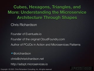 @crichardson
Cubes, Hexagons, Triangles, and
More: Understanding the Microservice
Architecture Through Shapes
Chris Richardson
Founder of Eventuate.io
Founder of the original CloudFoundry.com
Author of POJOs in Action and Microservices Patterns
@crichardson
chris@chrisrichardson.net
http://adopt.microservices.io
Copyright © 2020. Chris Richardson Consulting, Inc. All rights reserved
 