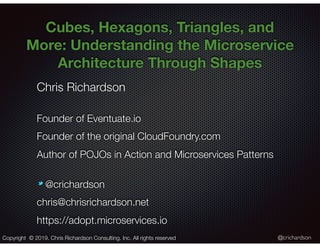 @crichardson
Cubes, Hexagons, Triangles, and
More: Understanding the Microservice
Architecture Through Shapes
Chris Richardson
Founder of Eventuate.io
Founder of the original CloudFoundry.com
Author of POJOs in Action and Microservices Patterns
@crichardson
chris@chrisrichardson.net
https://adopt.microservices.io
Copyright © 2019. Chris Richardson Consulting, Inc. All rights reserved
 