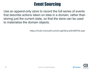 15 © 2015 CA. ALL RIGHTS RESERVED. inadarei
Event Sourcing
Use an append-only store to record the full series of events
that describe actions taken on data in a domain, rather than
storing just the current state, so that the store can be used
to materialize the domain objects.
https://msdn.microsoft.com/en-gb/library/dn589792.aspx
 