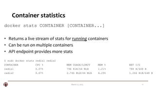 11March 21, 2015
Container statistics
docker stats CONTAINER [CONTAINER...]
• Returns a live stream of stats for running containers
• Can be run on multiple containers
• API endpoint provides more stats
$ sudo docker stats redis1 redis2
CONTAINER CPU % MEM USAGE/LIMIT MEM % NET I/O
redis1 0.07% 796 KiB/64 MiB 1.21% 788 B/648 B
redis2 0.07% 2.746 MiB/64 MiB 4.29% 1.266 KiB/648 B
 