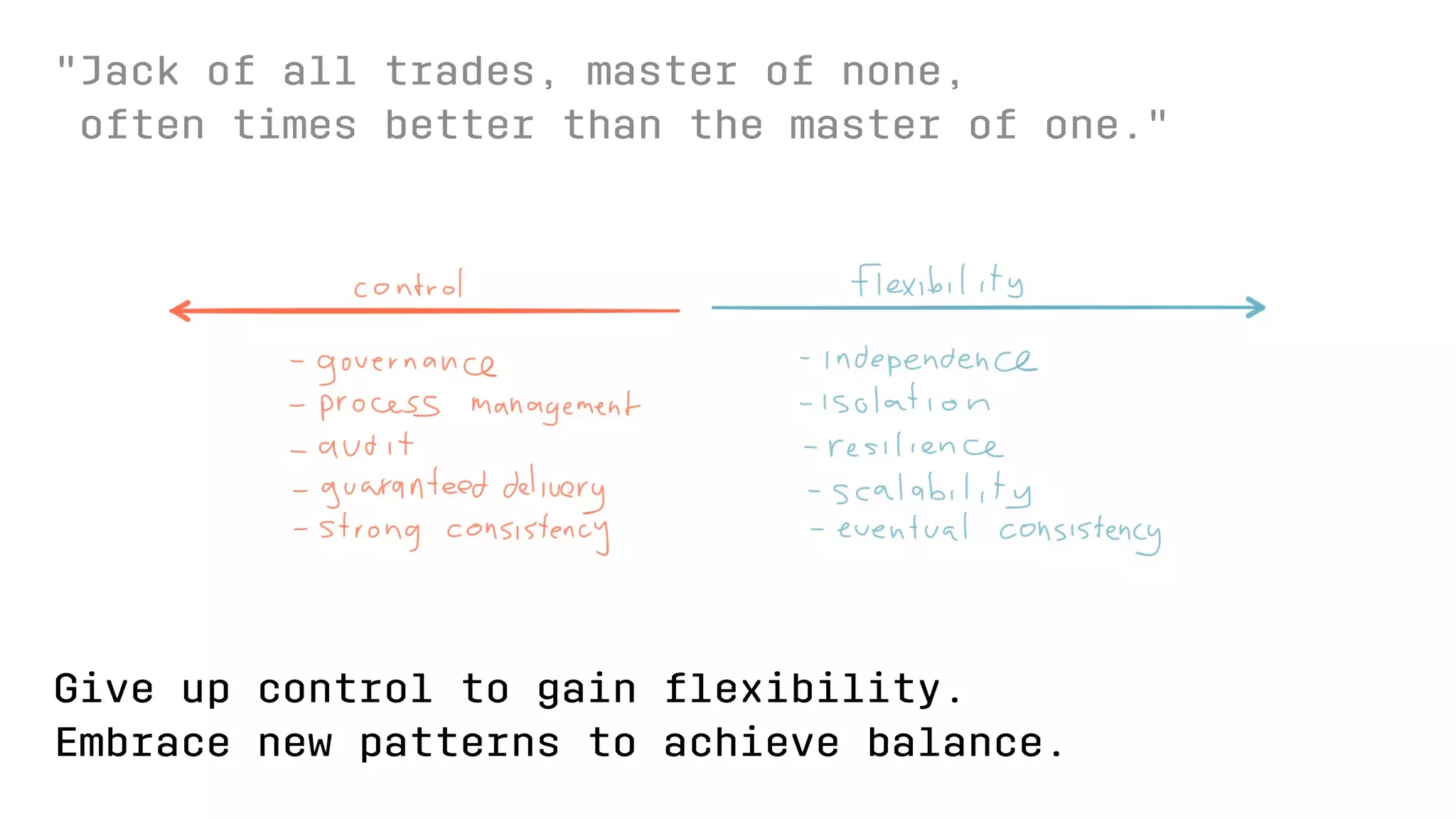 "Jack of all trades, master of none,
often times better than the master of one."
Give up control to gain ﬂexibility.
Embrace new patterns to achieve balance.
 