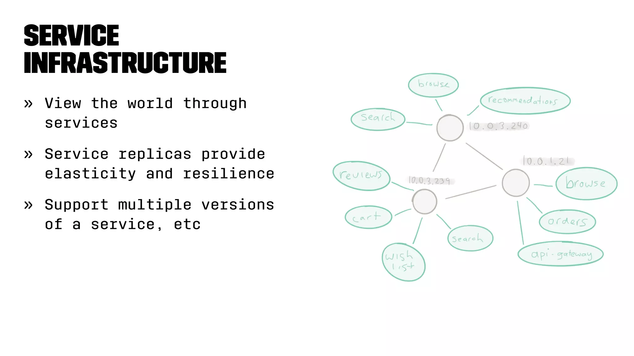 Service
infrastructure
» View the world through
services
» Service replicas provide
elasticity and resilience
» Support multiple versions
of a service, etc
 