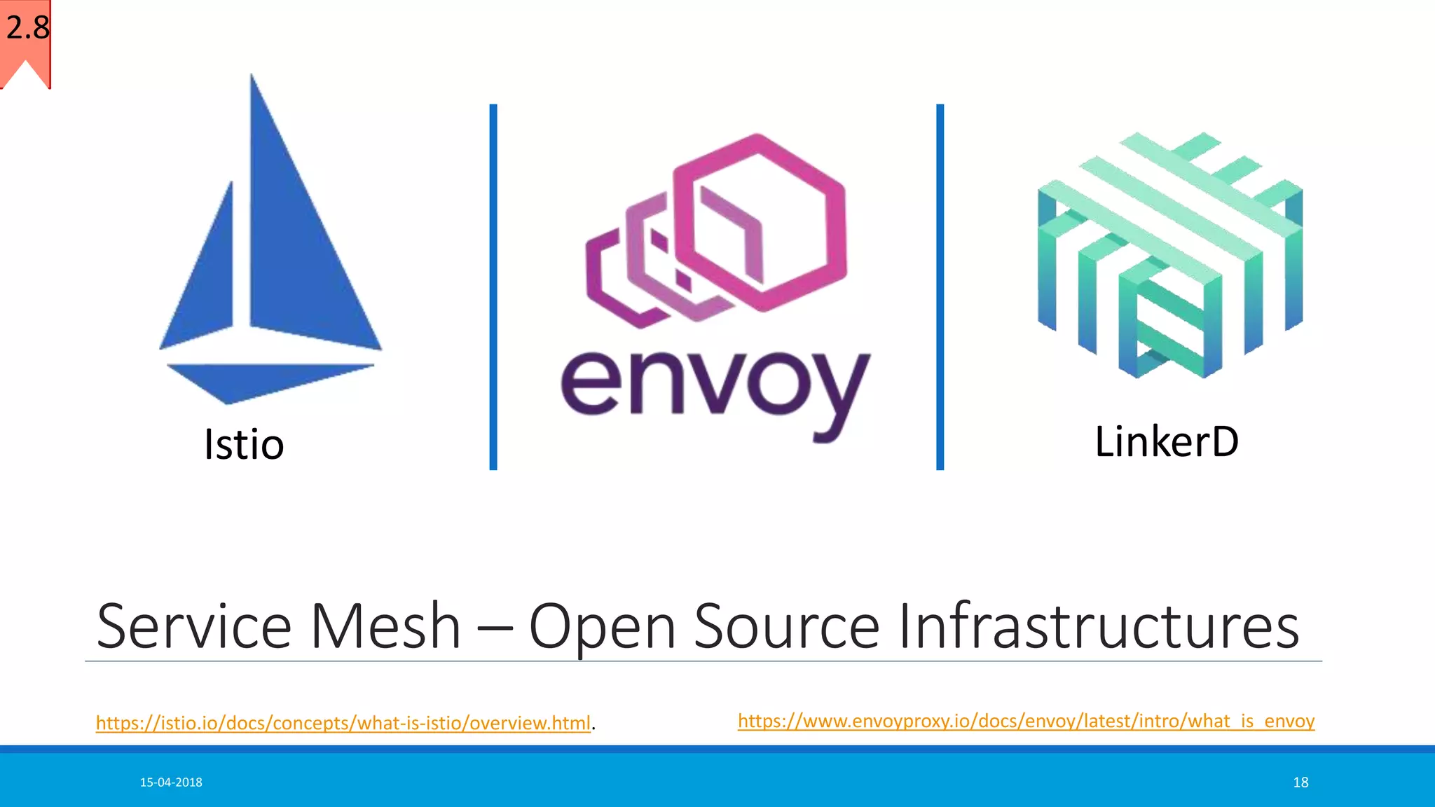 Service Mesh – Open Source Infrastructures
15-04-2018 18
LinkerDIstio
2.8
https://istio.io/docs/concepts/what-is-istio/overview.html. https://www.envoyproxy.io/docs/envoy/latest/intro/what_is_envoy
 