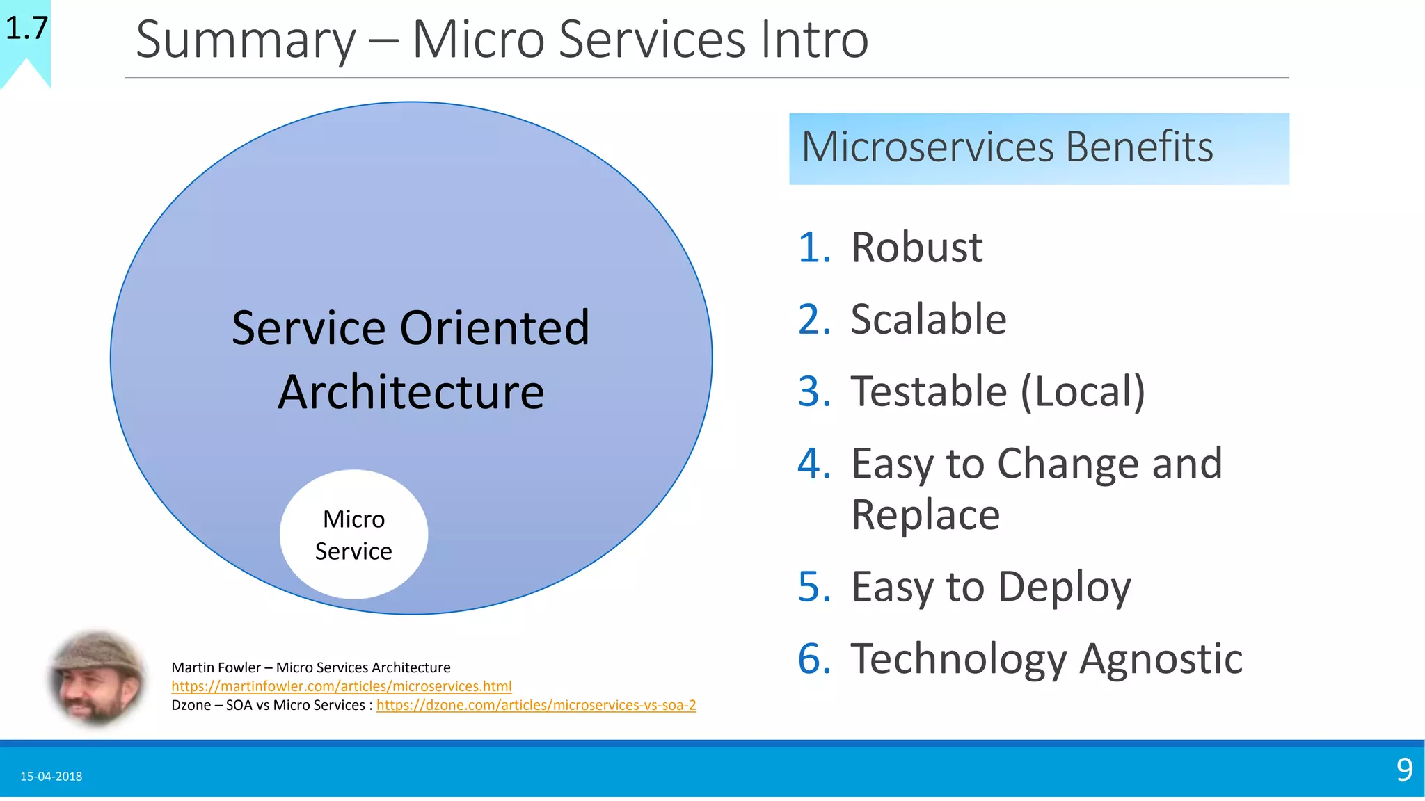 Summary – Micro Services Intro
15-04-2018 9
Microservices Benefits
1. Robust
2. Scalable
3. Testable (Local)
4. Easy to Change and
Replace
5. Easy to Deploy
6. Technology Agnostic
Service Oriented
Architecture
Micro
Service
Martin Fowler – Micro Services Architecture
https://martinfowler.com/articles/microservices.html
Dzone – SOA vs Micro Services : https://dzone.com/articles/microservices-vs-soa-2
1.7
 