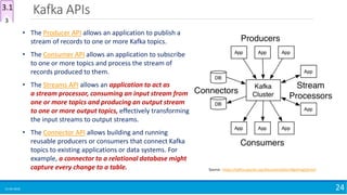 Kafka APIs
15-04-2018 24
Source : https://kafka.apache.org/documentation/#gettingStarted
• The Producer API allows an application to publish a
stream of records to one or more Kafka topics.
• The Consumer API allows an application to subscribe
to one or more topics and process the stream of
records produced to them.
• The Streams API allows an application to act as
a stream processor, consuming an input stream from
one or more topics and producing an output stream
to one or more output topics, effectively transforming
the input streams to output streams.
• The Connector API allows building and running
reusable producers or consumers that connect Kafka
topics to existing applications or data systems. For
example, a connector to a relational database might
capture every change to a table.
3
3.1
 