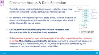 Consumer Access & Data Retention
15-04-2018 31
Source : https://kafka.apache.org/intro
• For example, if the retention policy is set to 2 days, then for the two days
after a record is published, it is available for consumption, after which it
will be discarded to free up space.
• The Kafka cluster retains all published records—whether or not they
have been consumed—using a configurable retention period
• Kafka's performance is effectively constant with respect to data
size so storing data for a long time is not a problem.
• Only metadata retained on a per-consumer basis is the offset or position of that consumer
in the log. This offset is controlled by the consumer: normally a consumer will advance its
offset linearly as it reads records, but, in fact, since the position is controlled by the
consumer it can consume records in any order it likes.
5
3.2
777743
777742
777741
777740
777739
777738
777737
777736
Producer
Consumer
Consumer
Consumer
• Producers Push Data
• Consumers Poll Data
Writes
Reads
Offset=37
Offset=38
Offset=41
 