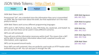 JSON Web Tokens : http://jwt.io
JSON Web Tokens (JWT)
Pronounced “jot”, are a standard since the information they carry is transmitted
via JSON. We can read more about the draft, but that explanation isn’t the most
pretty to look at.
JSON Web Tokens work across different programming languages:
JWTs work in .NET, Python, Node.JS, Java, PHP, Ruby, Go, JavaScript, and Haskell. So
you can see that these can be used in many different scenarios.
JWTs are self-contained:
They will carry all the information necessary within itself. This means that a JWT
will be able to transmit basic information about itself, a payload (usually user
information), and a signature.
JWTs can be passed around easily:
Since JWTs are self-contained, they are perfectly used inside an HTTP header when
authenticating an API. You can also pass it through the URL.
15 April 2018 50
Header Payload Secret
JSON Web Signature
JWS: RFC 7515
JSON Web Encryption
JWE : RFC 7516
JSON Web Key
JWK : RFC 7517
JSON Web Algorithms
JWA : RFC 7518
JSON Web Token
JWT: RFC 7519
 