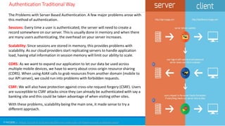 Authentication Traditional Way
15 April 2018 51
The Problems with Server Based Authentication. A few major problems arose with
this method of authentication.
Sessions: Every time a user is authenticated, the server will need to create a
record somewhere on our server. This is usually done in memory and when there
are many users authenticating, the overhead on your server increases.
Scalability: Since sessions are stored in memory, this provides problems with
scalability. As our cloud providers start replicating servers to handle application
load, having vital information in session memory will limit our ability to scale.
CORS: As we want to expand our application to let our data be used across
multiple mobile devices, we have to worry about cross-origin resource sharing
(CORS). When using AJAX calls to grab resources from another domain (mobile to
our API server), we could run into problems with forbidden requests.
CSRF: We will also have protection against cross-site request forgery (CSRF). Users
are susceptible to CSRF attacks since they can already be authenticated with say a
banking site and this could be taken advantage of when visiting other sites.
With these problems, scalability being the main one, it made sense to try a
different approach.
Source: https://scotch.io/tutorials/the-ins-and-outs-of-token-based-authentication
 