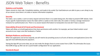 JSON Web Token : Benefits
53
Stateless and Scalable
Tokens stored on client side. Completely stateless, and ready to be scaled. Our load balancers are able to pass a user along to any
of our servers since there is no state or session information anywhere.
Security
The token, not a cookie, is sent on every request and since there is no cookie being sent, this helps to prevent CSRF attacks. Even
if your specific implementation stores the token within a cookie on the client side, the cookie is merely a storage mechanism
instead of an authentication one. There is no session based information to manipulate since we don’t have a session!
Extensibility (Friend of A Friend and Permissions)
Tokens will allow us to build applications that share permissions with another. For example, we have linked random social
accounts to our major ones like Facebook or Twitter.
Multiple Platforms and Domains
When the application and service expands, we will need to be providing access to all sorts of devices and applications (since the
app will most definitely become popular!).
Having the App API just serve data, we can also make the design choice to serve assets from a CDN. This eliminates the issues
that CORS brings up after we set a quick header configuration for our application.
Standards Based
Source: https://scotch.io/tutorials/the-ins-and-outs-of-token-based-authentication
 