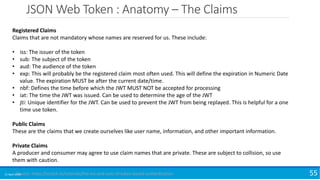 JSON Web Token : Anatomy – The Claims
15 April 2018 55
Registered Claims
Claims that are not mandatory whose names are reserved for us. These include:
• iss: The issuer of the token
• sub: The subject of the token
• aud: The audience of the token
• exp: This will probably be the registered claim most often used. This will define the expiration in Numeric Date
value. The expiration MUST be after the current date/time.
• nbf: Defines the time before which the JWT MUST NOT be accepted for processing
• iat: The time the JWT was issued. Can be used to determine the age of the JWT
• jti: Unique identifier for the JWT. Can be used to prevent the JWT from being replayed. This is helpful for a one
time use token.
Public Claims
These are the claims that we create ourselves like user name, information, and other important information.
Private Claims
A producer and consumer may agree to use claim names that are private. These are subject to collision, so use
them with caution.
Source: https://scotch.io/tutorials/the-ins-and-outs-of-token-based-authentication
 