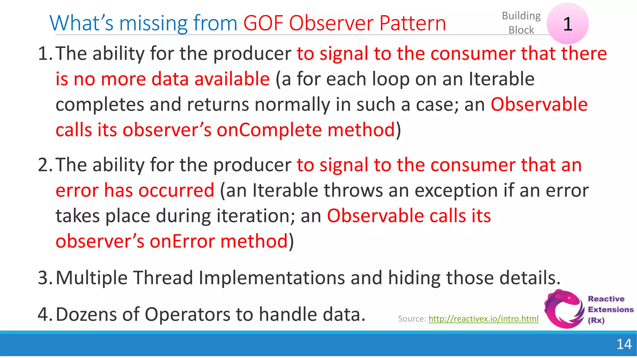 What’s missing from GOF Observer Pattern
14
1
Building
Block
Source: http://reactivex.io/intro.html
1.The ability for the producer to signal to the consumer that there
is no more data available (a for each loop on an Iterable
completes and returns normally in such a case; an Observable
calls its observer’s onComplete method)
2.The ability for the producer to signal to the consumer that an
error has occurred (an Iterable throws an exception if an error
takes place during iteration; an Observable calls its
observer’s onError method)
3.Multiple Thread Implementations and hiding those details.
4.Dozens of Operators to handle data.
 
