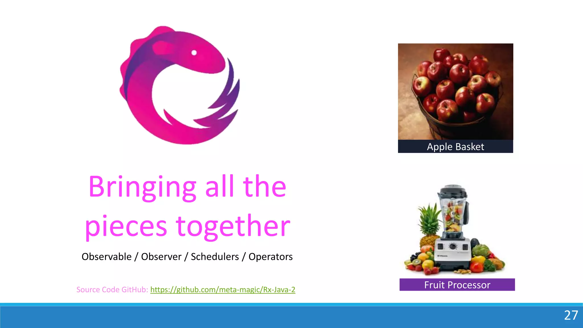 27
Bringing all the
pieces together
Apple Basket
Fruit Processor
Observable / Observer / Schedulers / Operators
Source Code GitHub: https://github.com/meta-magic/Rx-Java-2
 
