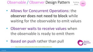 Observable / Observer Design Pattern
17 May 2018 13
• Allows for Concurrent Operations: the
observer does not need to block while
waiting for the observable to emit values
• Observer waits to receive values when
the observable is ready to emit them
• Based on push rather than pull
1 & 2
Building
Block
Source: http://reactivex.io/RxJava/javadoc/index.html?rx/Observable.html
 